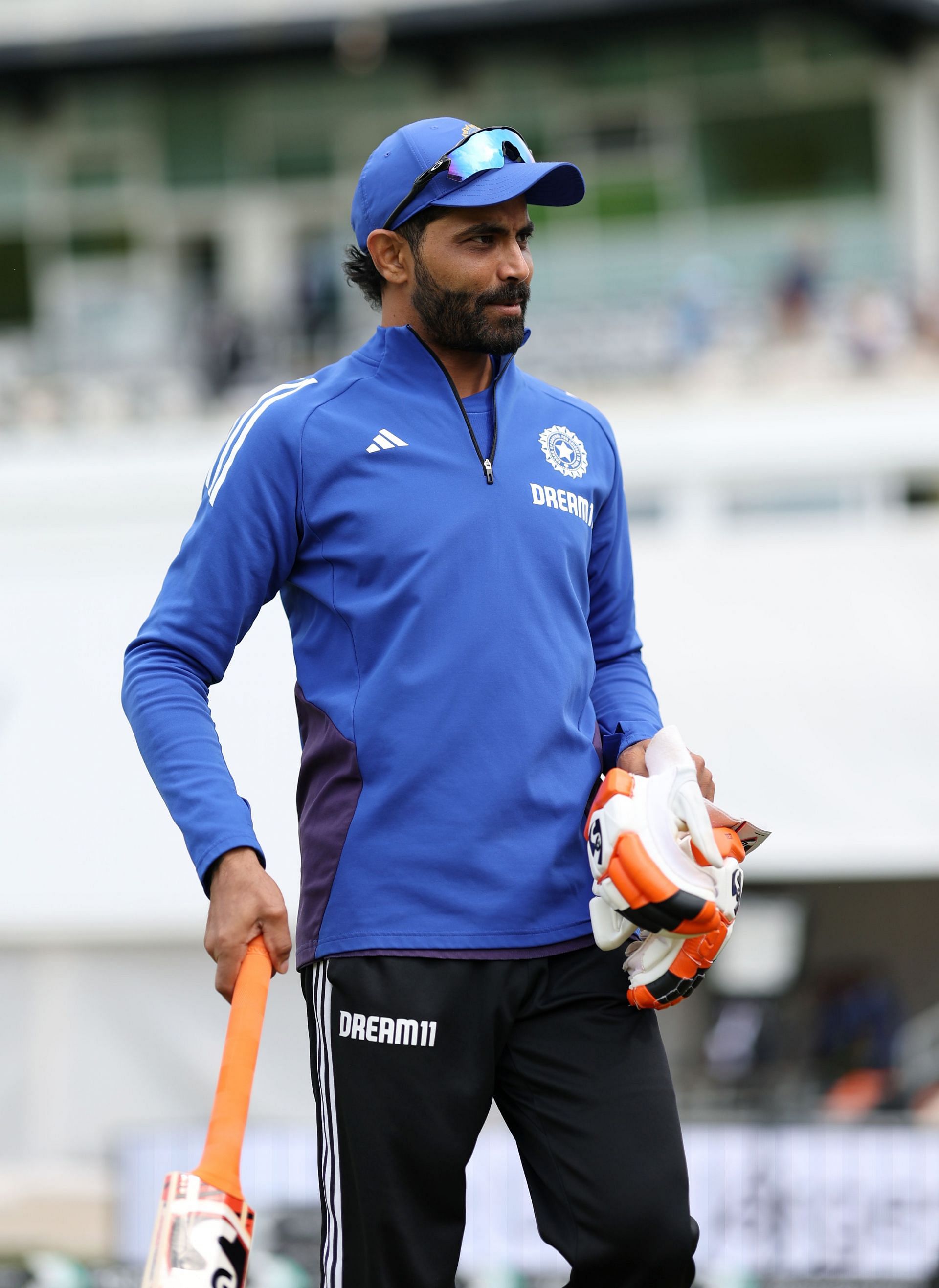 Ravindra Jadeja of India warms up ahead of Day Three of the 1st Rothesay Test Match between England and India at Headingley on June 22, 2025 in Leeds, England. (Photo by Alex Davidson/Getty Images)